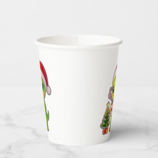 **Cute 3D Green Alien in Santa Hat with Hot Chocol Papieren Bekers (Links)