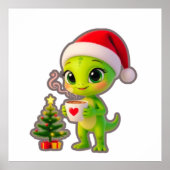 **Cute 3D Green Alien in Santa Hat with Hot Chocol Poster (Voorkant)