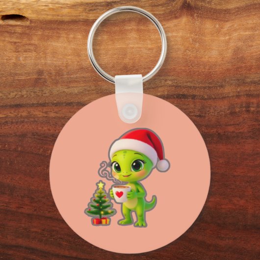 **Cute 3D Green Alien in Santa Hat with Hot Chocol Sleutelhanger (Voorkant)