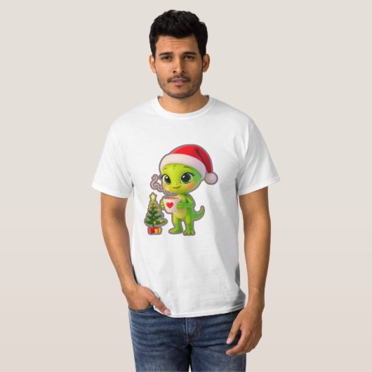 **Cute 3D Green Alien in Santa Hat with Hot Chocol T-shirt (Voorkant volledig)