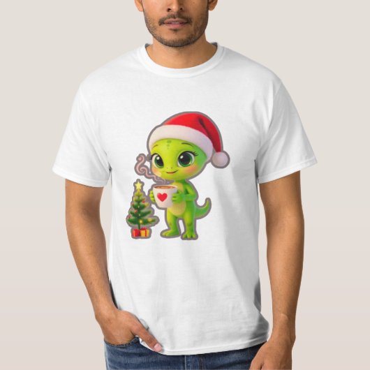 **Cute 3D Green Alien in Santa Hat with Hot Chocol T-shirt (Voorkant)