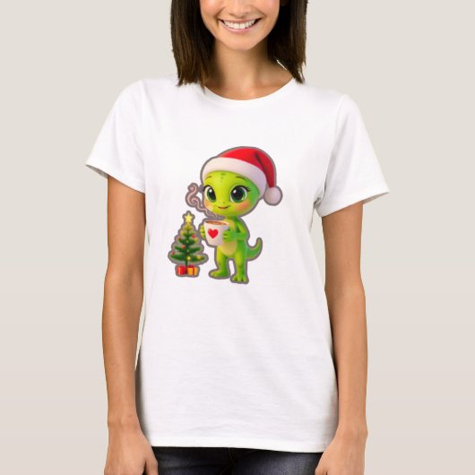 **Cute 3D Green Alien in Santa Hat with Hot Chocol T-shirt (Voorkant)