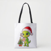 **Cute 3D Green Alien in Santa Hat with Hot Chocol Tote Bag (Voorkant)