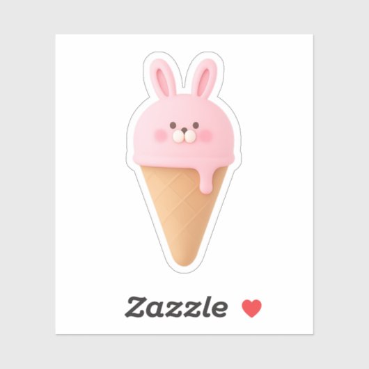 Cute 3D Pink Bunny Ice Cream Cone Sticker (Vel)