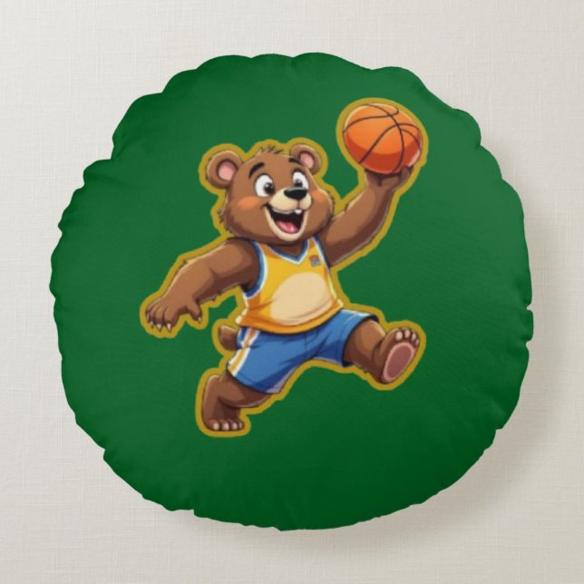 Cute 3D Teddy Bear Playing Basketball – Adorable S Rond Kussen (Voorkant)