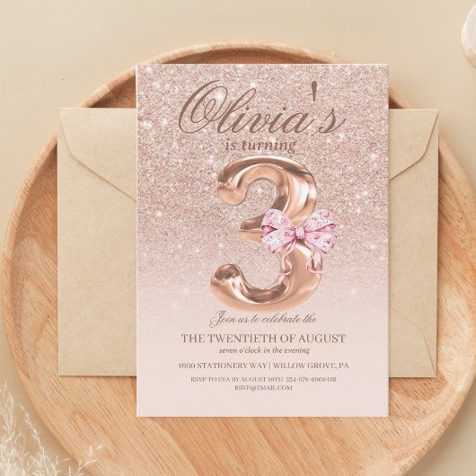 Cute 3e Roze Goud Moderne Prinses Verjaardagsfeest Kaart