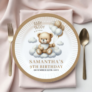 Cute 3e verjaardagsfeestje teddybeer gouden borden papieren bordje