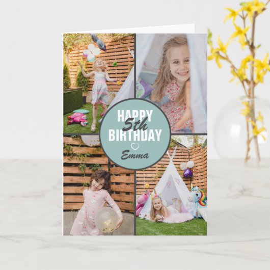 Cute 4 Photo Birthday Card Elke leeftijd | Aangepa Kaart (Gele Bloem)