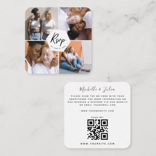 Cute 4 Photo Collage LGBTQ Gay Couple RSVP QR Code Informatiekaartje (Voorkant / Achterkant)