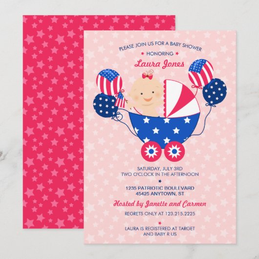 Cute 4th of Juli Patriotic Baby Girl Baby shower Kaart (Voorkant / Achterkant)
