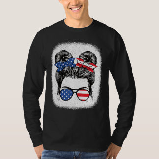 Cute 4th Of July Messy Bun Girl American Flag Patr T-shirt