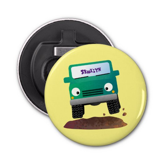 Cute 4X4 terreinwagen cartoon Button Flesopener (Voorkant)