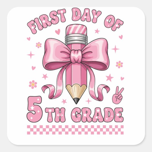 Cute 5th Grade Girl Pink Bow Groovy Pencil Design Vierkante Sticker (Voorkant)