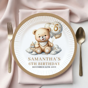 Cute 6de Verjaardag Teddybeer Gouden Ivoren Borden Papieren Bordje