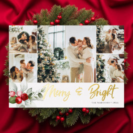 Cute 7 Photo Collage Handwritten Merry And Bright  Folie Feestdagenkaart