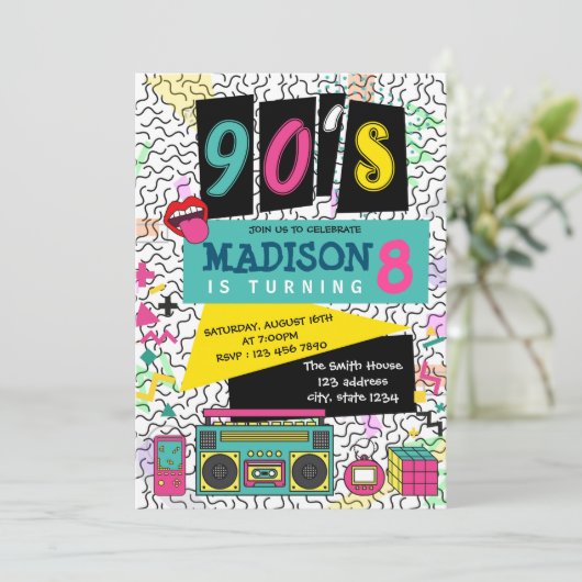 Cute 90s themagefeestuitnodiging kaart (Staand voorkant)