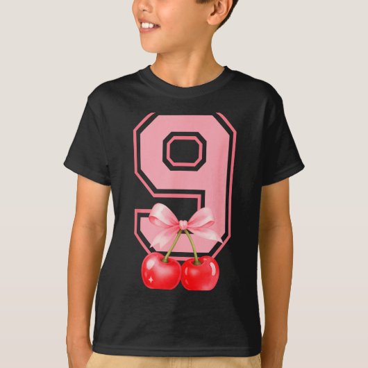 Cute 9th Birthday Girl Nk Cherry Coquette Bow 9 Ye T-shirt (Voorkant)
