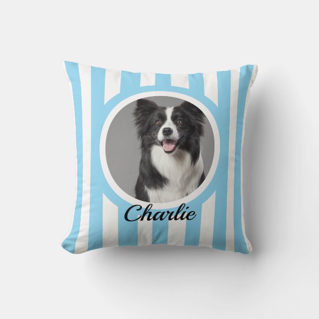 Cute Aangepaste huisdier foto & naam Blauw Witte S Kussen (Voorkant)