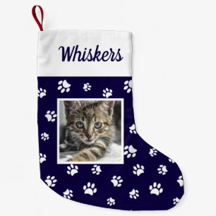 Cute Aangepaste Kattenfoto Naam Blauw Witte Pootje Kleine Kerstsok
