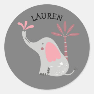 Cute Aangepaste Naam Grijze Olifant Roze Palmboom Ronde Sticker