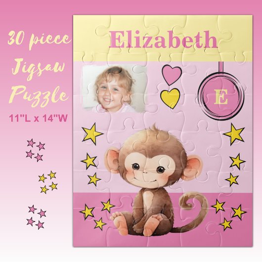 Cute aap foto naam roze geel kinderen legpuzzel