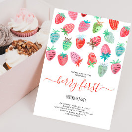 Cute aardbeienmeisje bes eerste verjaardagsfeestje kaart