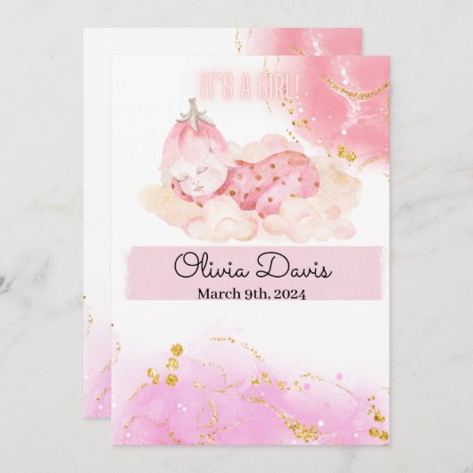 Cute aardbery baby "Het is een meisje" aankondigin Aankondiging (Voorkant / Achterkant)