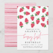 Cute aardbery Girl Berry First Birthday Party Kaart (Voorkant / Achterkant)