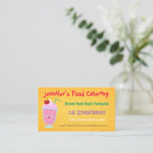 Cute aardbery ice crème sundae cartoon catering visitekaartje (Staand voorkant)