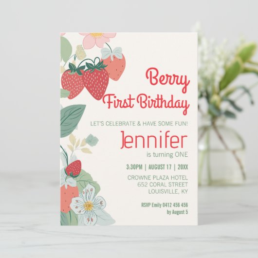 Cute aardbery Theme Custom Berry First Birthday Kaart (Staand voorkant)