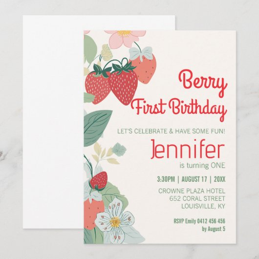 Cute aardbery Theme Custom Berry First Birthday Kaart (Voorkant / Achterkant)