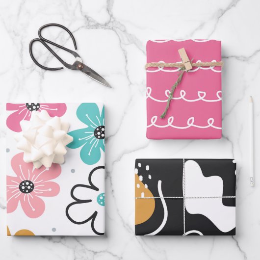 Cute Abstract Doodle Bloem Strepen Inpakpapier Vel (Voorkant)