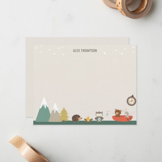 Cute Adventure Woodland Kinder Stationery Notitiekaartje (Voorkant / Achterkant in situ)