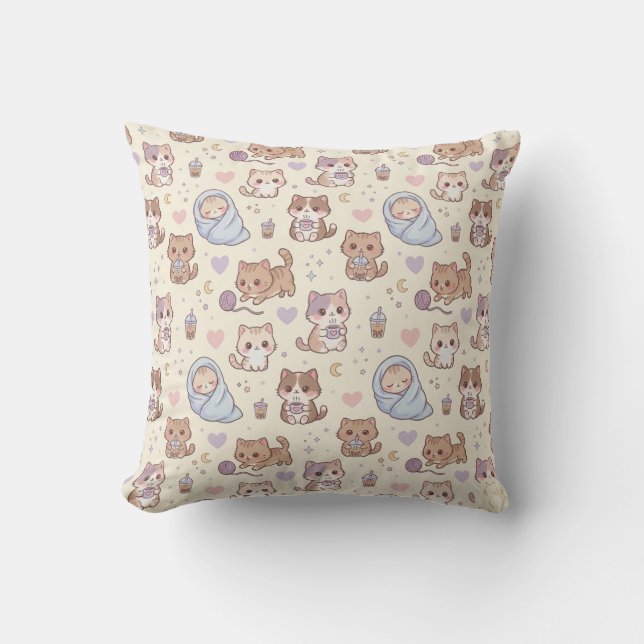 Cute Aesthetic Kitten Pattern Throw Pillow - Cozy  Kussen (Voorkant)