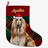 Cute Afghan Hound Dog Holiday Plaid Personalized Grote Kerstsok (Voorkant)