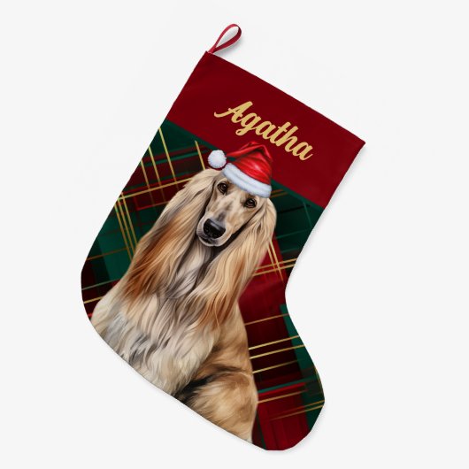 Cute Afghan Hound Dog Holiday Plaid Personalized Grote Kerstsok (Voorkant (Hangend))