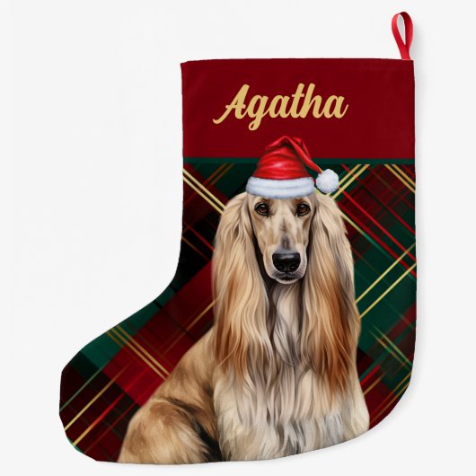 Cute Afghan Hound Dog Holiday Plaid Personalized Grote Kerstsok (Achterkant)