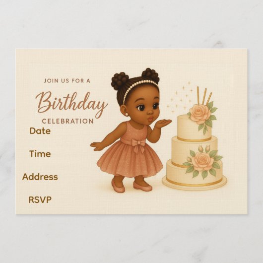 Cute African-American Chibi Girl Birthday Invite Kaart (Voorkant)