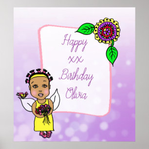 Cute African-American Fairy Girl Happy Birthday Poster