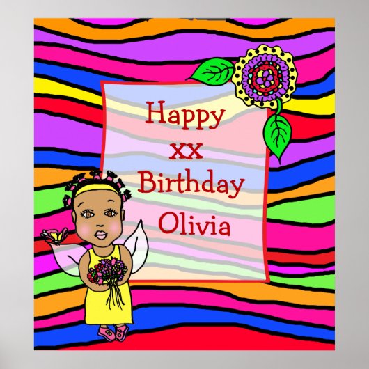 Cute African-American Fairy Girl Happy Birthday Poster (Voorkant)