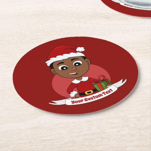 Cute African American Kerstboy cartoon Ronde Kartonnen Onderzetter (Gebogen)