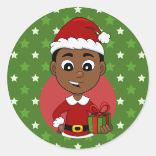 Cute African American Kerstboy cartoon Ronde Sticker