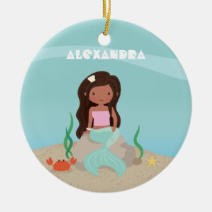 Cute African American Little Mermaid Girl Ornament