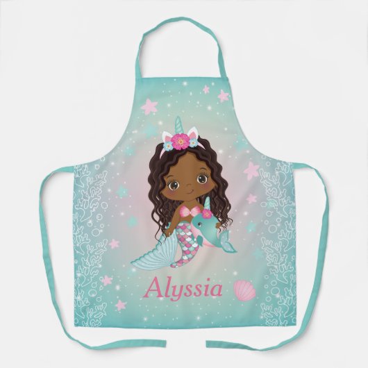Cute African American Unicorn Mermaid Apron Schort (Voorkant)