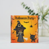 Cute African American Witch & Cat Halloween Party Kaart (Staand voorkant)
