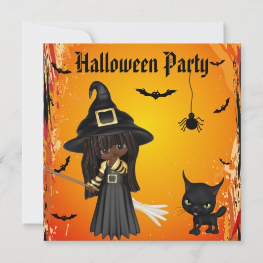 Cute African American Witch & Cat Halloween Party Kaart (Voorkant)