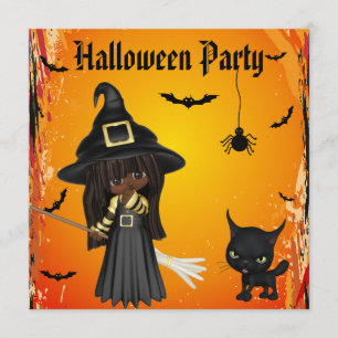Cute African American Witch & Cat Halloween Party Kaart