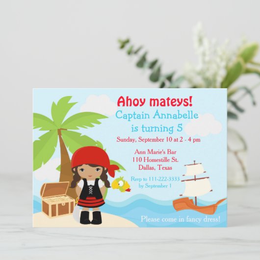 Cute African Pirate Girl Birthday Party Kaart (Staand voorkant)