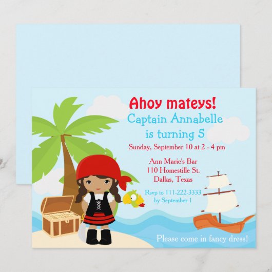 Cute African Pirate Girl Birthday Party Kaart (Voorkant / Achterkant)