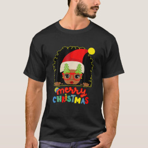 Cute Afro Black Girl Glasses Santa Melanin Merry C T-shirt